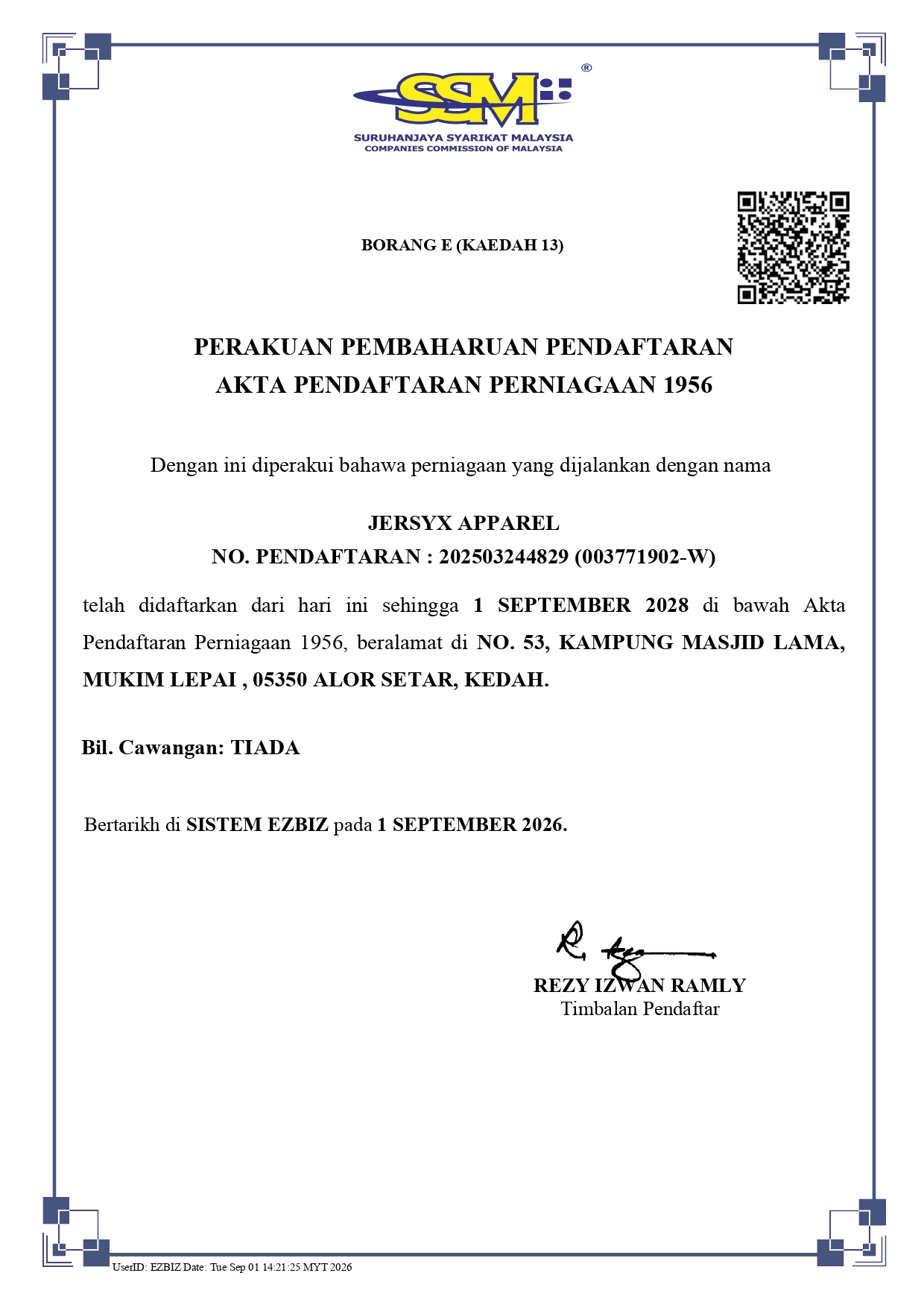 Sijil SSM Jersyx Apparel